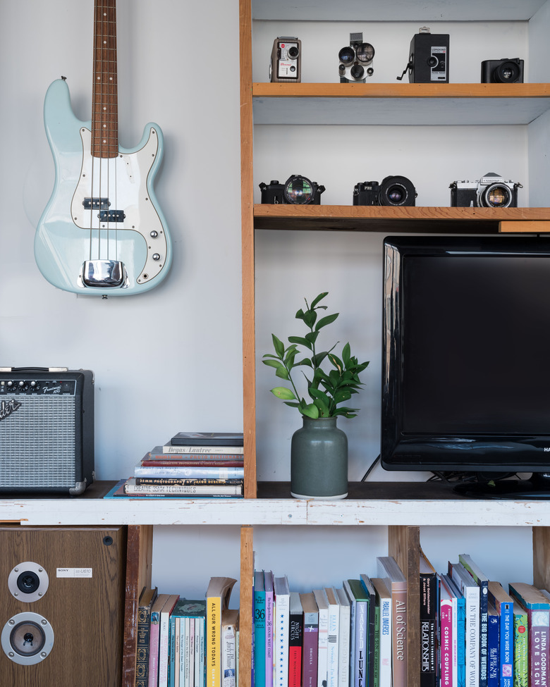 Living Room with guitar on display