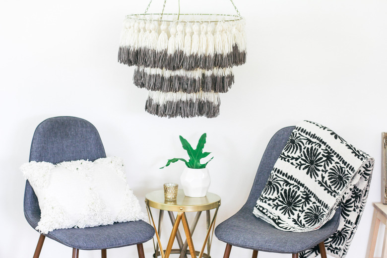 Dip-dyed tassel chandelier hanging from ceiling