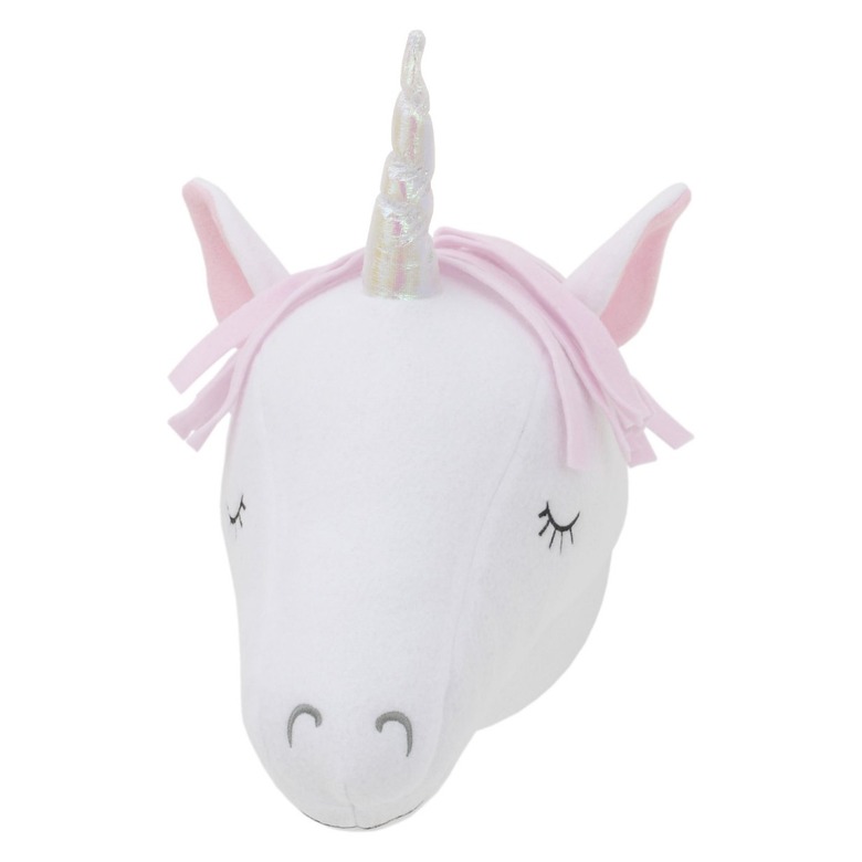 Plush white and pink unicorn head wall decor with iridescent horn
