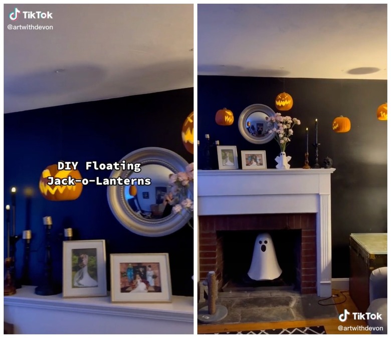 On the left is floating jack-o-lanterns in front of a navy blue wall. On the right