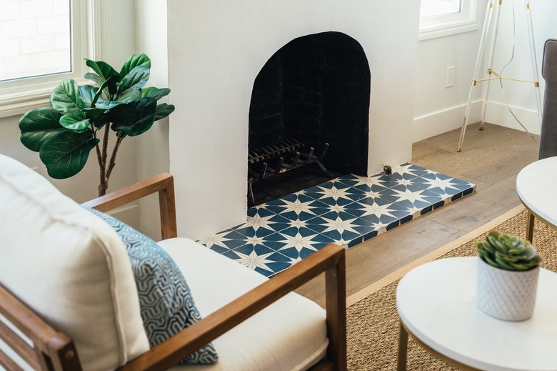Blue and white star clay tile in front of fireplace. A tree houseplant