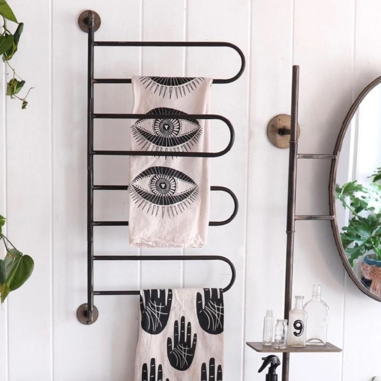 Black metal towel rack for small bathroom with modern hand towels