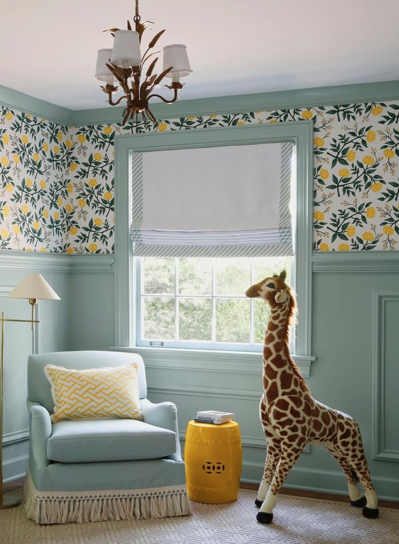 powder blue nursery with lemon wallpaper