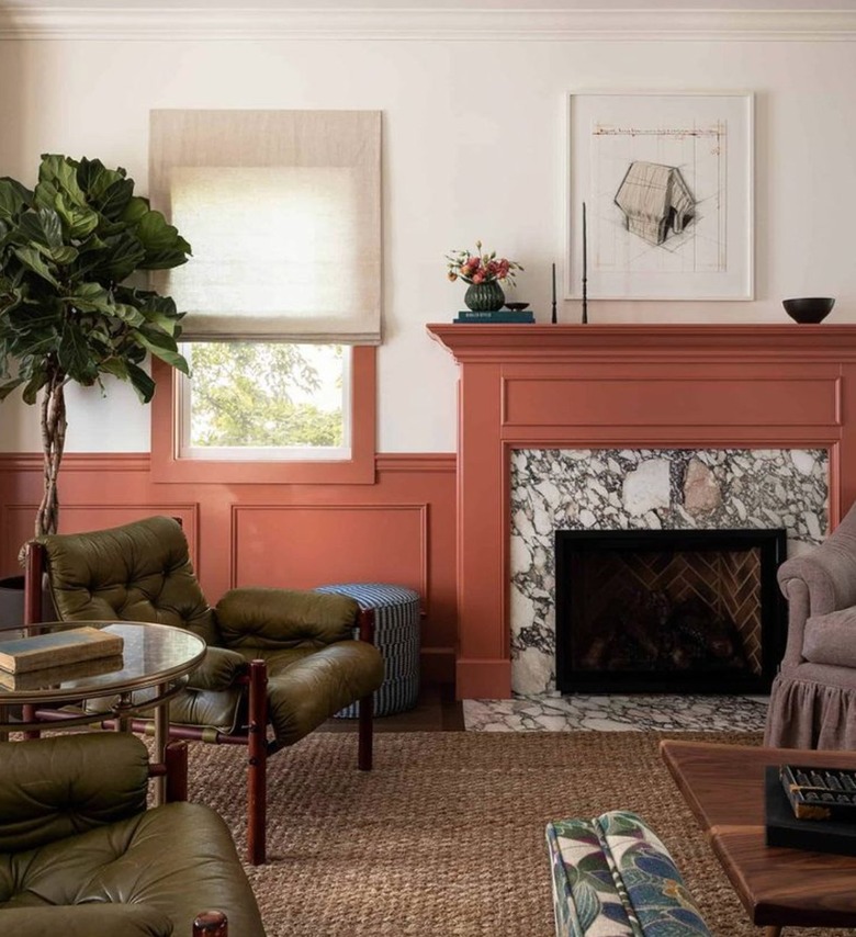 salmon and white walls in formal living room
