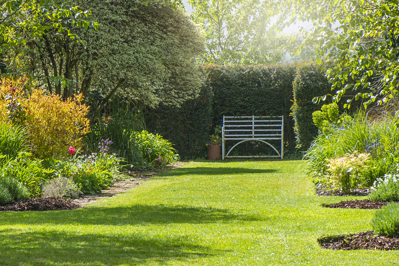 A rusty wrought iron white bench on the grass in a summer