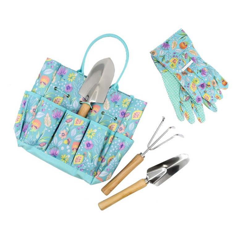 gardening tool bag with gloves in floral pattern