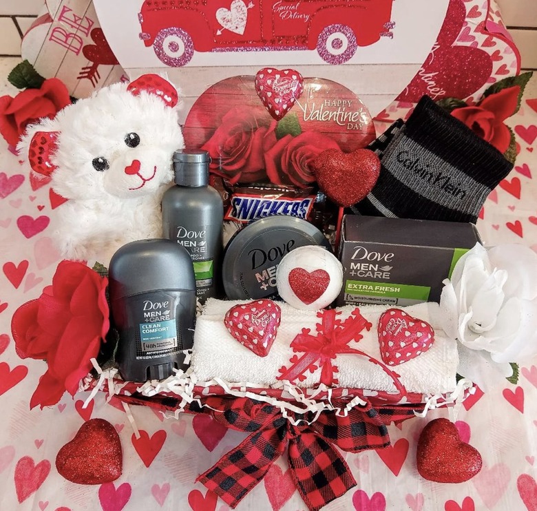 Valentine's Day men's care gift basket with socks and body care items