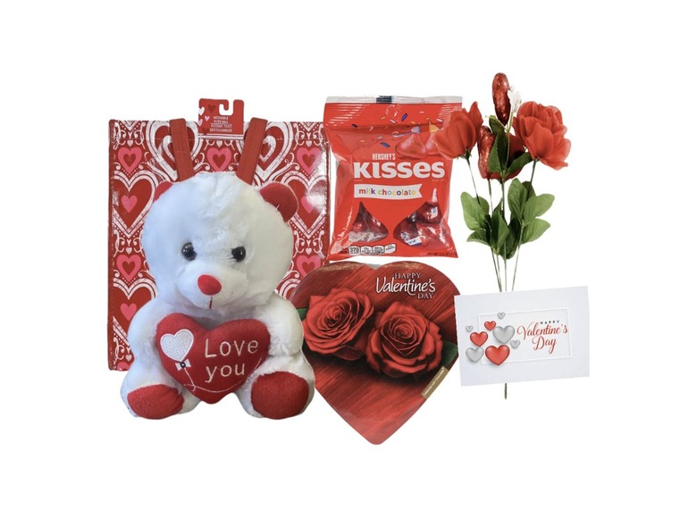 budget-friendly gift bag with Hershey's kisses and teddy bear