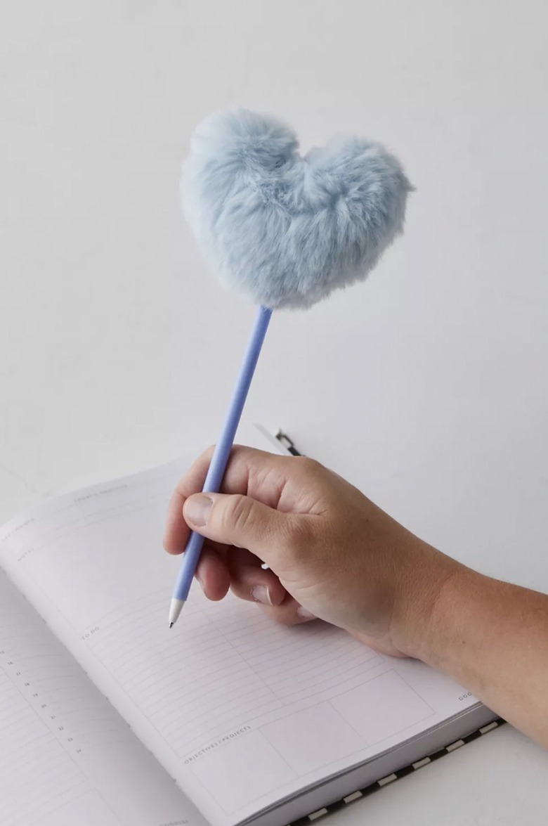 blue fuzzy heart pen