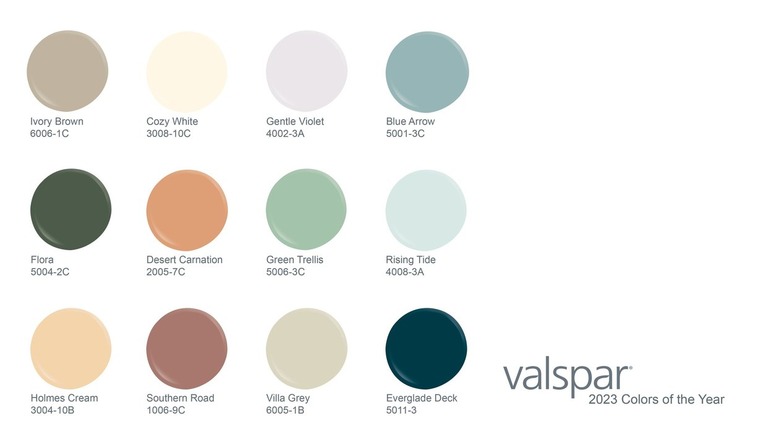 Valspar 2023 colors of the year in circles on a white background
