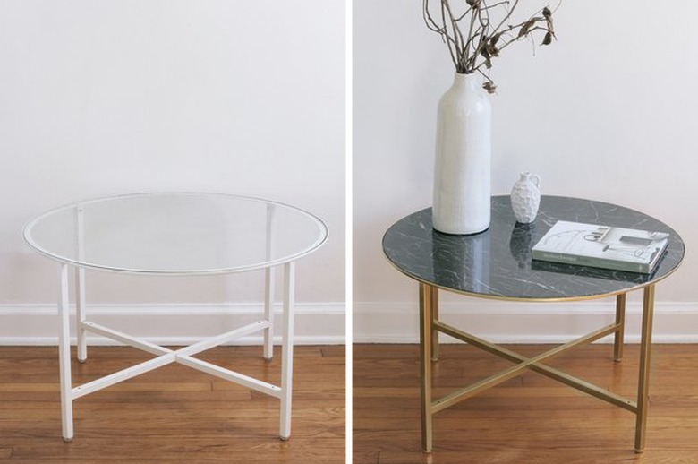 IKEA glass table makeover using marble paper and gold paint.