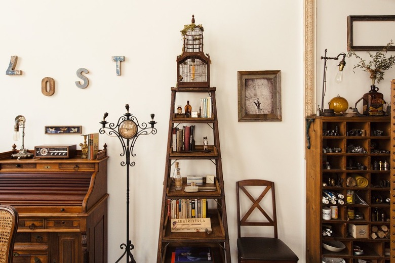 Vintage wood shelves and wiring desk and antique decor