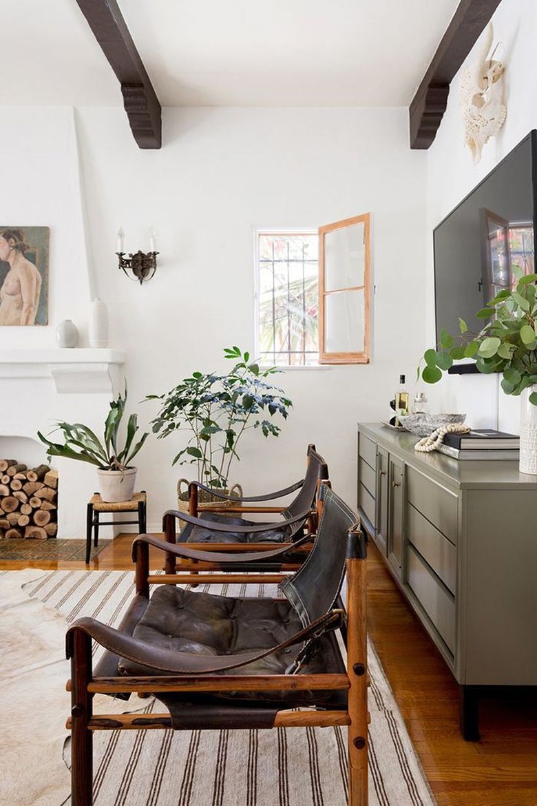 contemporary living room with modern furniture and vintage accents