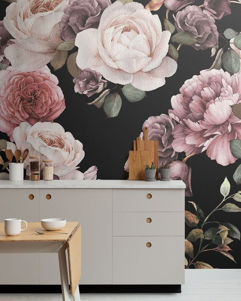 kitchen wallpaper backsplash idea with oversize floral mural