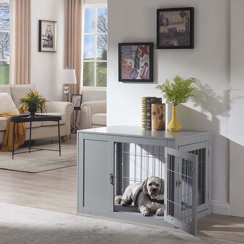 gray crate for dog that's also a side table