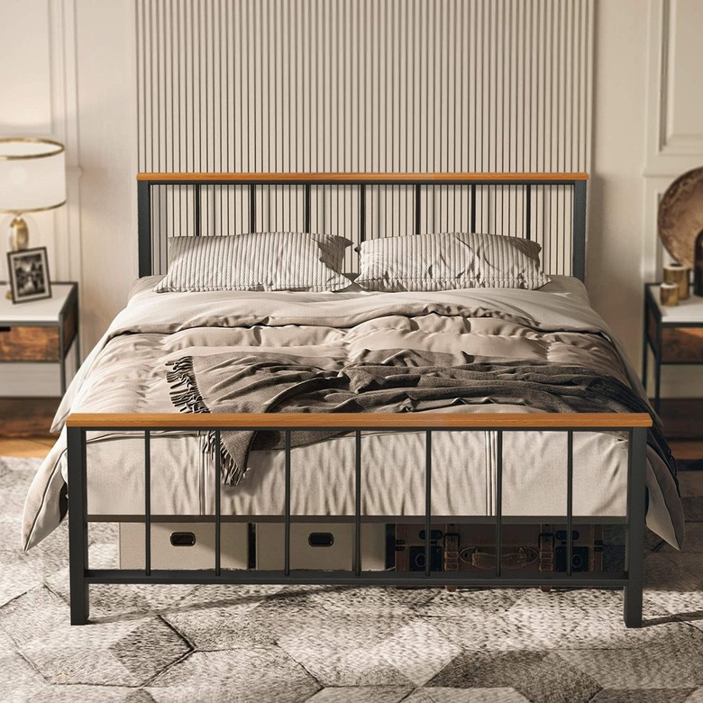 metal and wood platform queen bed