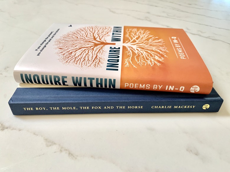 Two books resting on marble countertop