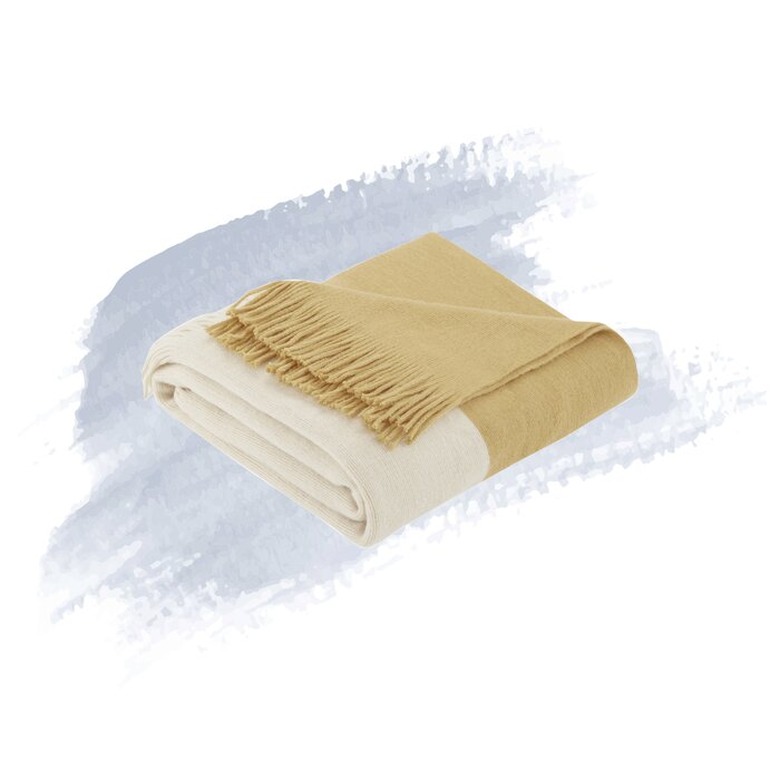 yellow and beige colorblock throw blanket with fringe