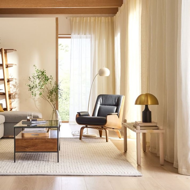 minimalist boho living room with linen curtains