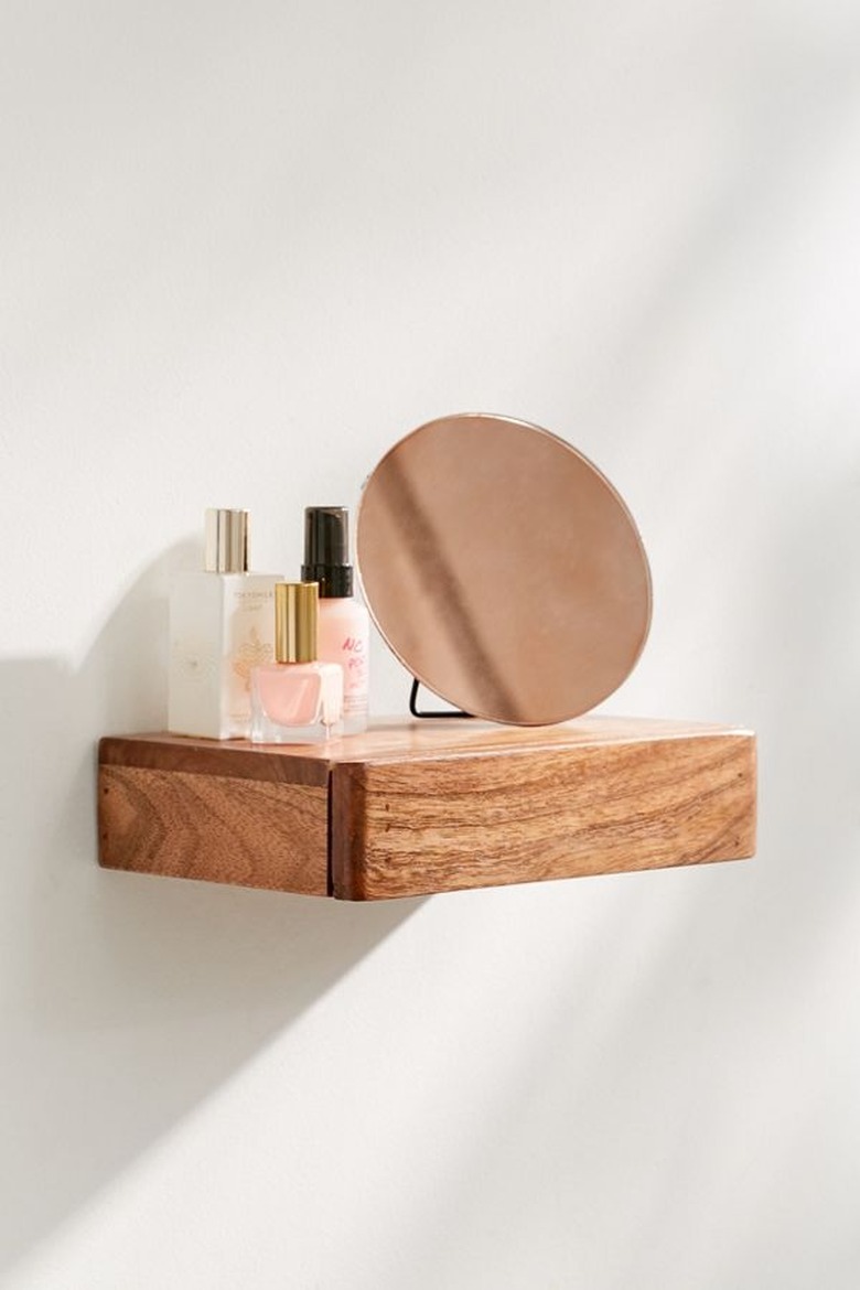 small bathroom storage ideas with wooden floating wall shelf