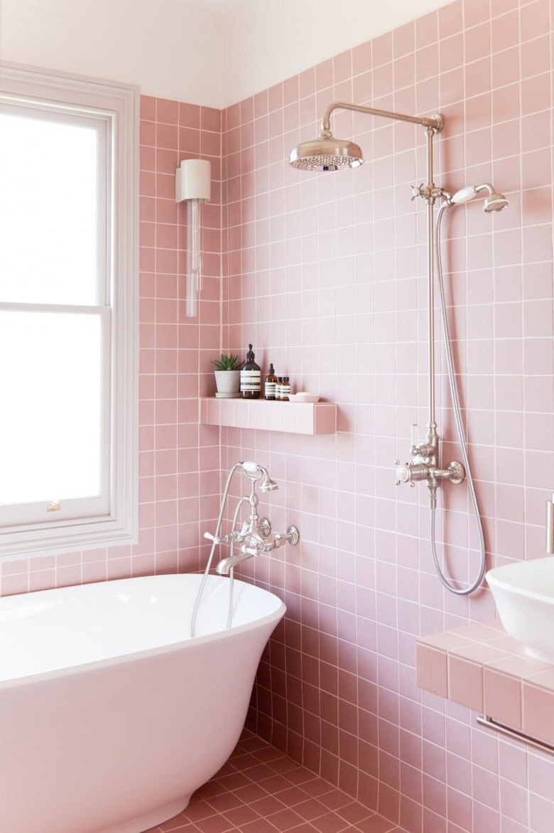 wet room idea with pink wall and floor tile