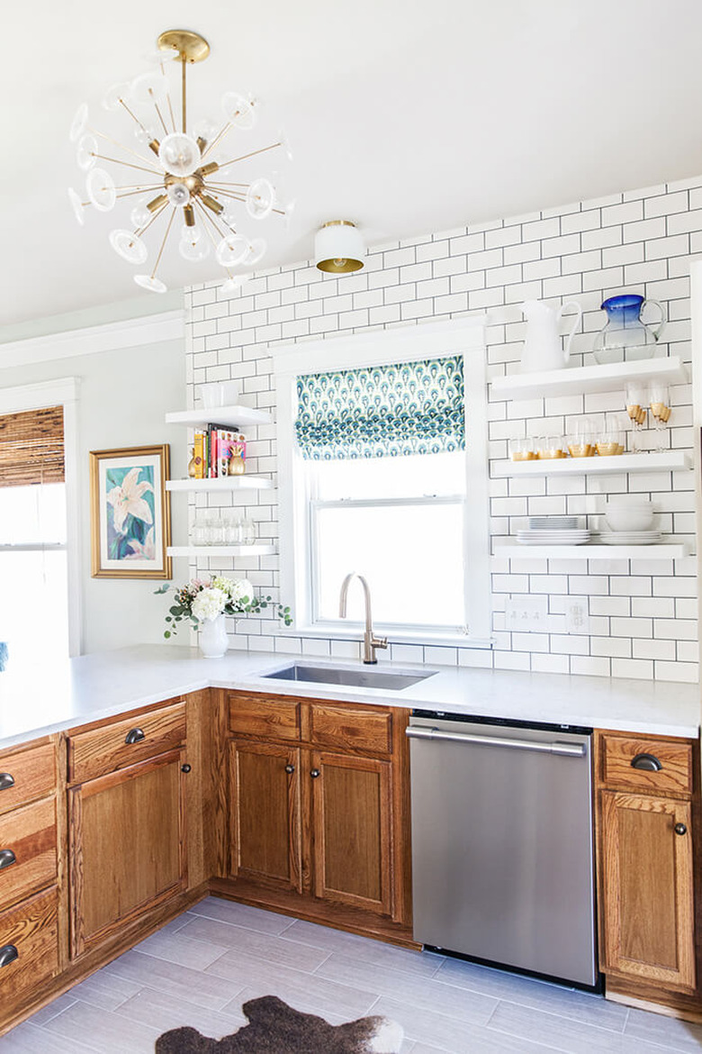 Countertops with Oak Cabinets in traditional oak kitchen with white laminate countertop