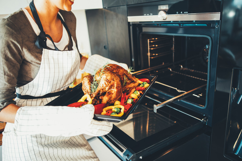 Young woman taking the dinner out of the oven
