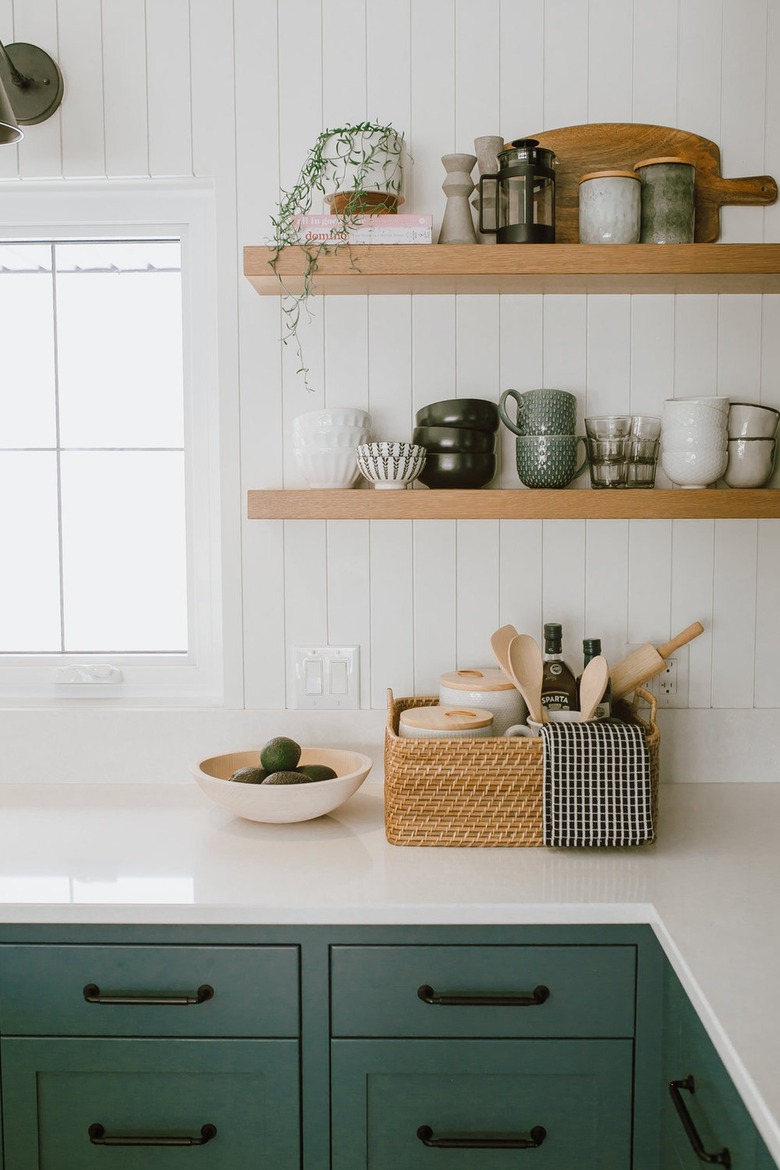 Kitchen with white shiplap backsplash