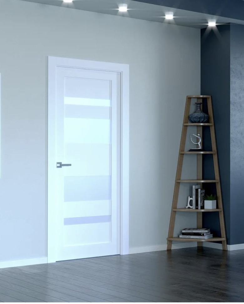 Inside of home with a modern white entryway door next to a pyramid booskself