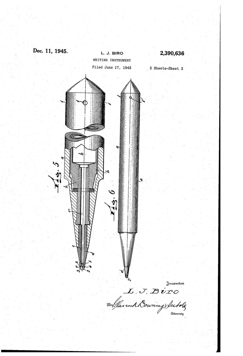 László Bíró's patent and drawing for the ballpoint pen