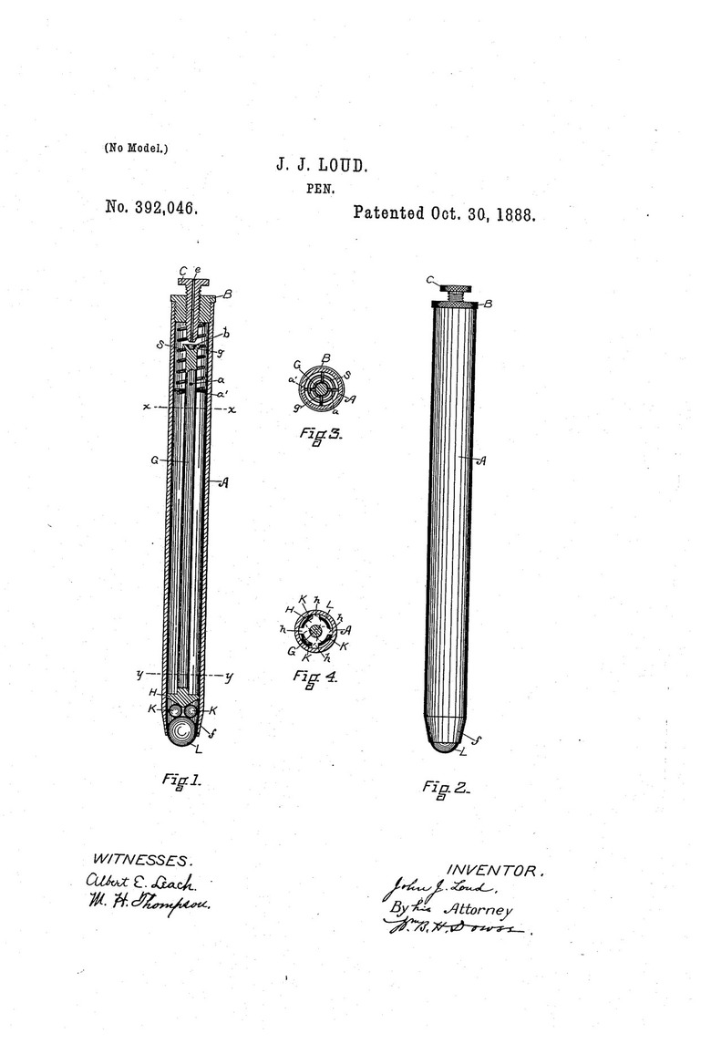 John J. Loud's patent and drawing for the ballpoint pen.