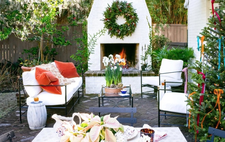 Patio with outdoor fireplace