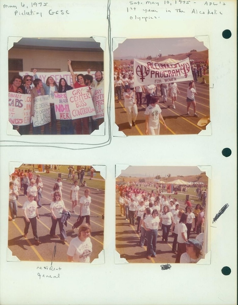 Top left photo Gay and lesbian people picketing outside the Gay Community Services Center during the strike against the center. Left to right: unidentified man