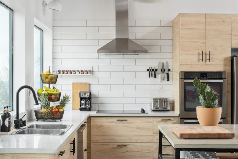 kitchen with natural wood cabinetry