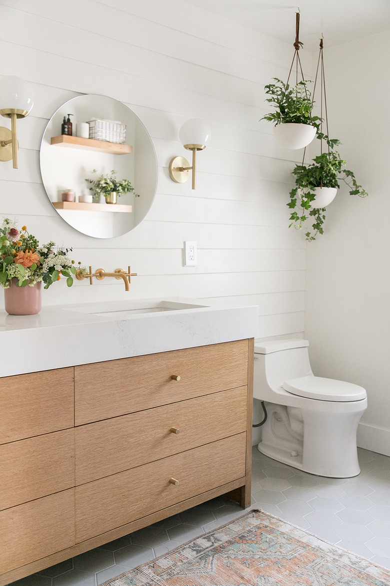 hanging plants in white bathroom above toilet