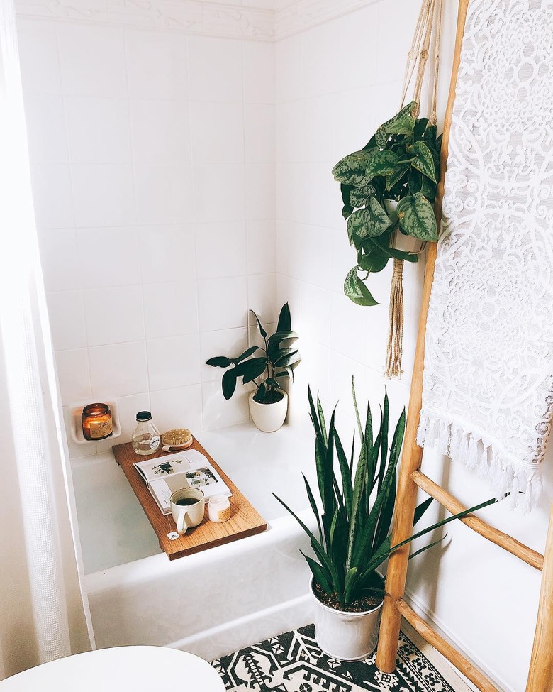 Bathroom with potted plants near bathtub and towels hanging on ladder