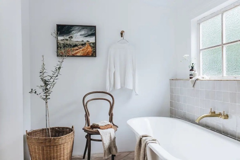 white bath with tub and gray zellige tiles
