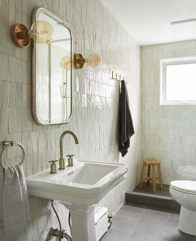 white bathroom with white zellige tiled walls