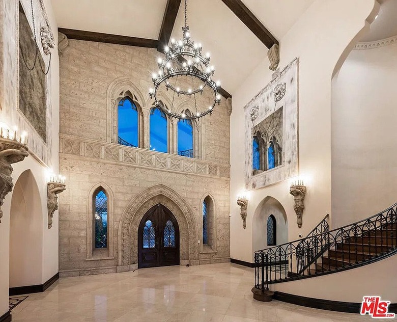 Interior of a large entryway with a chandelier