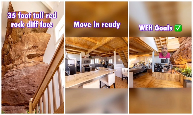 The first image is a red rock formation inside a home next to a staircase. The middle image shows a kitchen with wooden ceilings