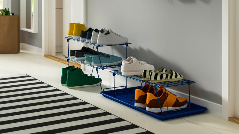 Several pairs of shoes are stored on a blue IKEA BAGGMUCK Shoe tray and GREJIG Shoe shelf