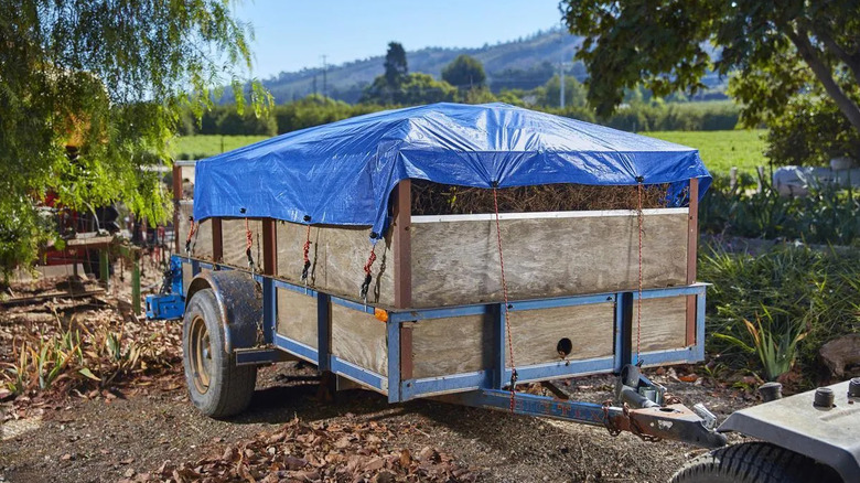 a trailer full of pine straw covered with a blue tarp