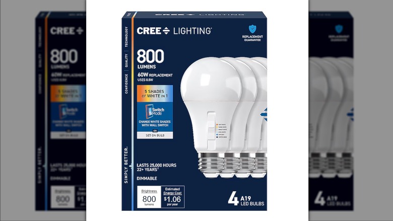 A four-pack box of Cree Lighting 800 Lumen bulbs is shown in a detailed shot