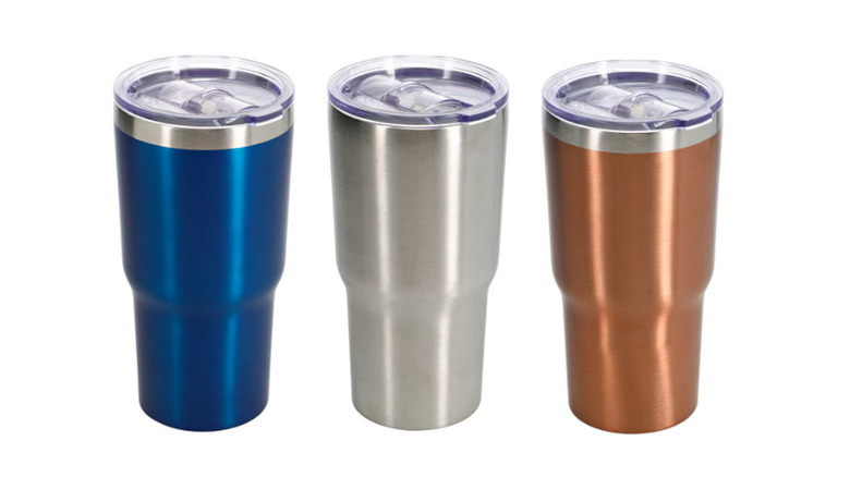 Three of Dollar Tree's insulated travel mugs with lids