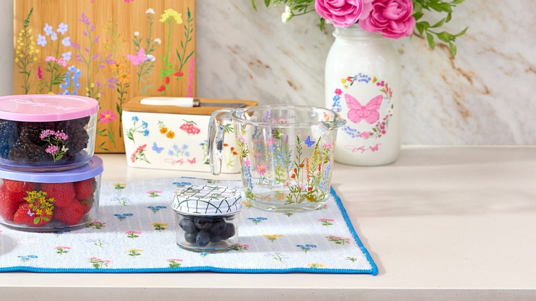 Dollar General Dolly Parton Collection Spring Glass Measuring Cup with wildflowers and butterflies