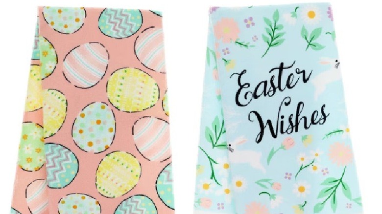 Dollar Tree spring kitchen towels with seasonal designs.