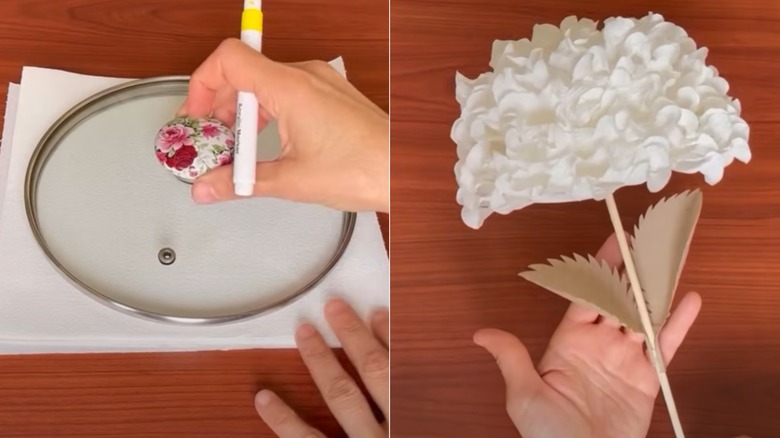 A split screen of a pot lid being used as a craft stencil to the left and the resulting flower craft on the right.