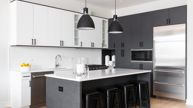 high contrast black and white kitchen