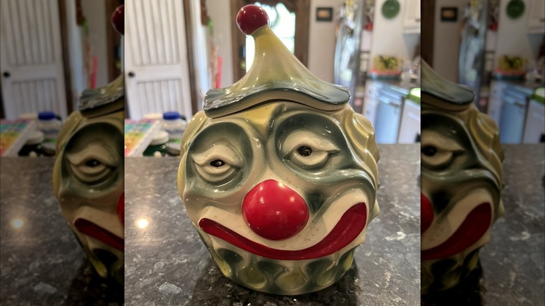 McCoy Sad Clown Cookie Jar on stone kitchen counter