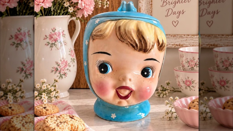 Napco Miss Cutie Pie Cookie Jar on marble kitchen counter